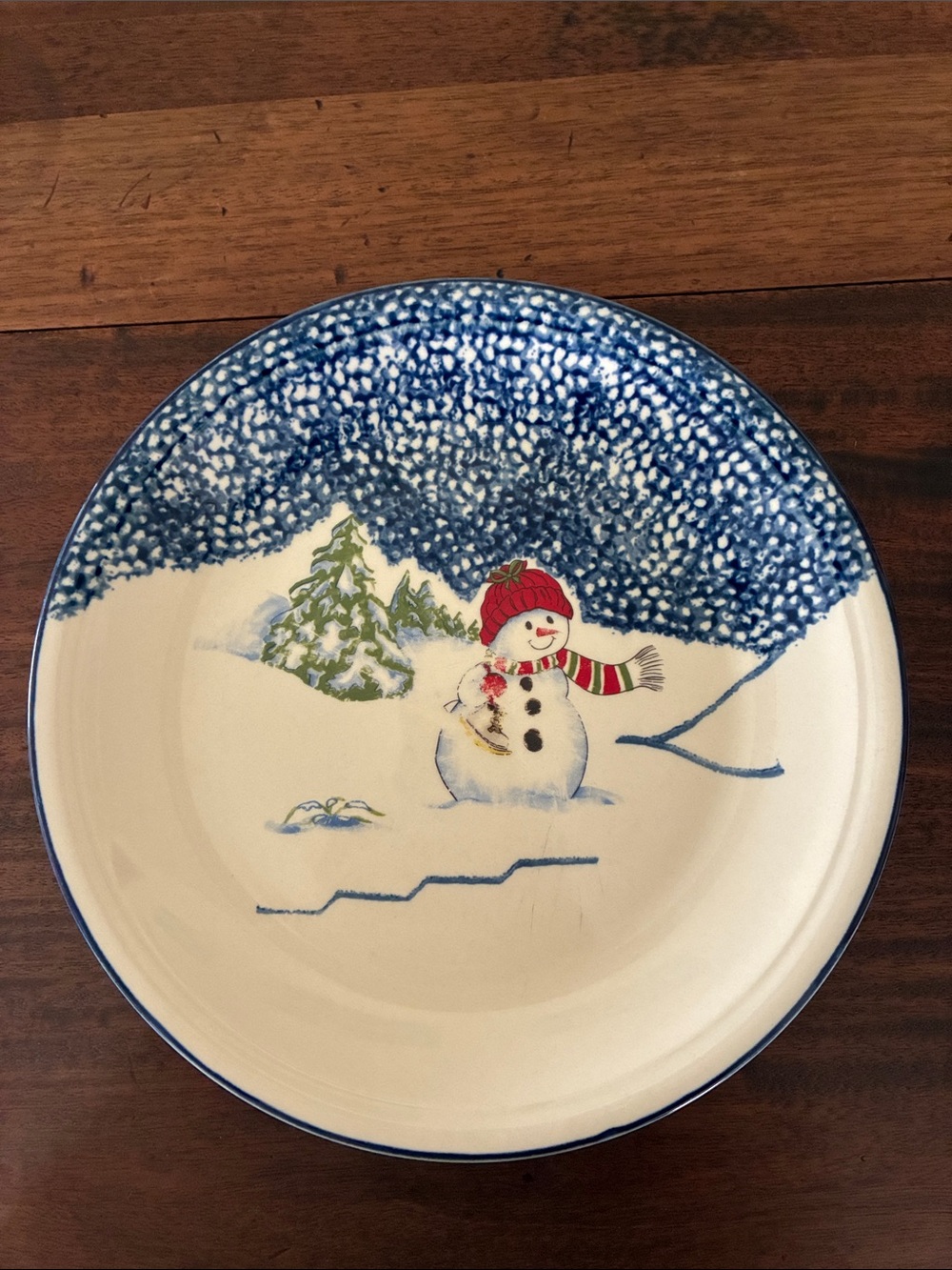 Set of 3 Thomson Pottery Winter Snowman Dinner Plates Spongeware Christmas